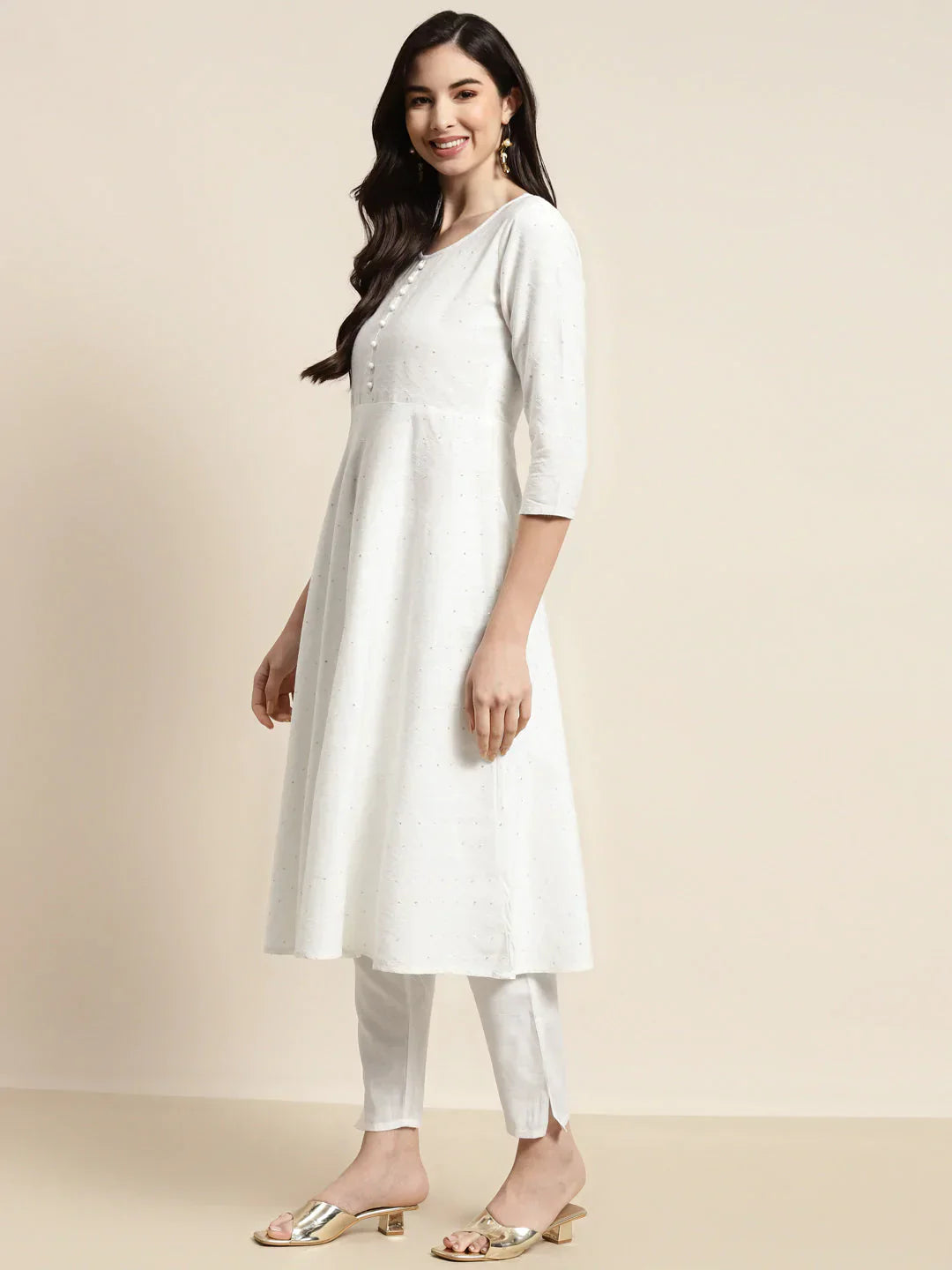 Jompers Women's Sequinned Kurta with Trousers & With Dupatta - White
