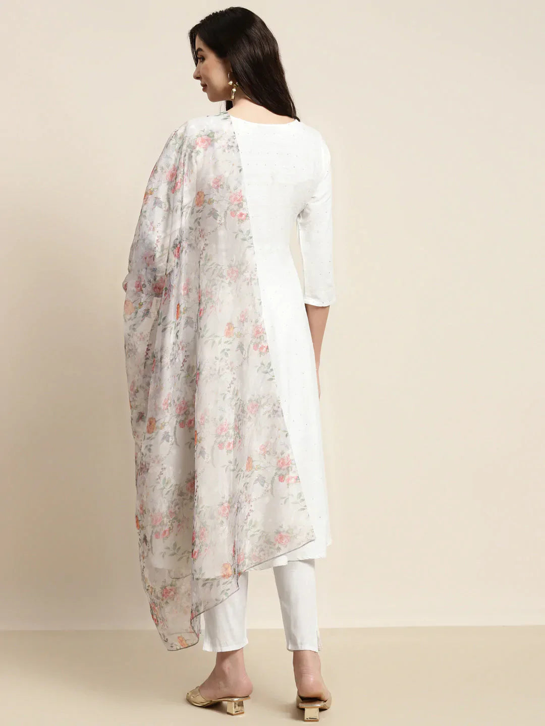 Jompers Women's Sequinned Kurta with Trousers & With Dupatta - White