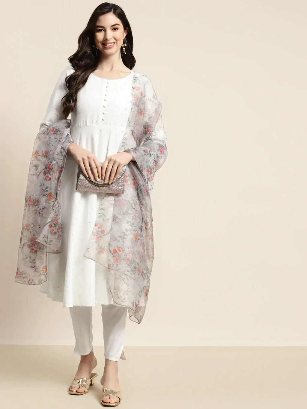 Jompers Women's Sequinned Kurta with Trousers & With Dupatta - White