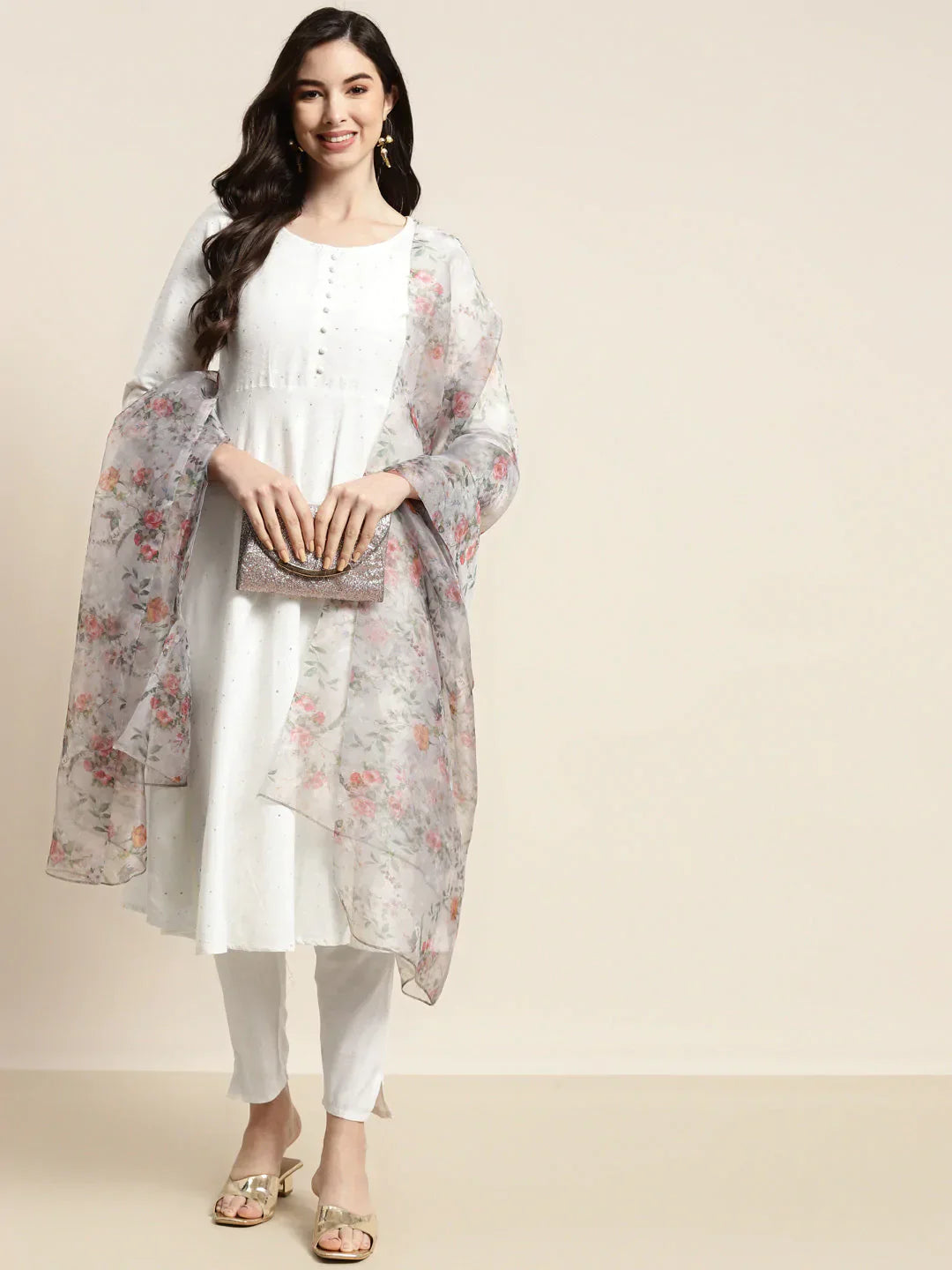 Jompers Women's Sequinned Kurta with Trousers & With Dupatta - White