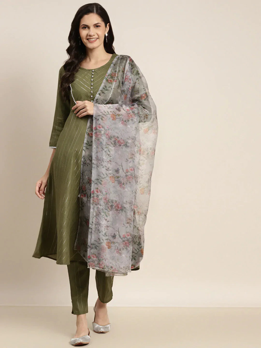 Jompers Women's Gotta Patti Kurta with Trousers & With Dupatta - Green