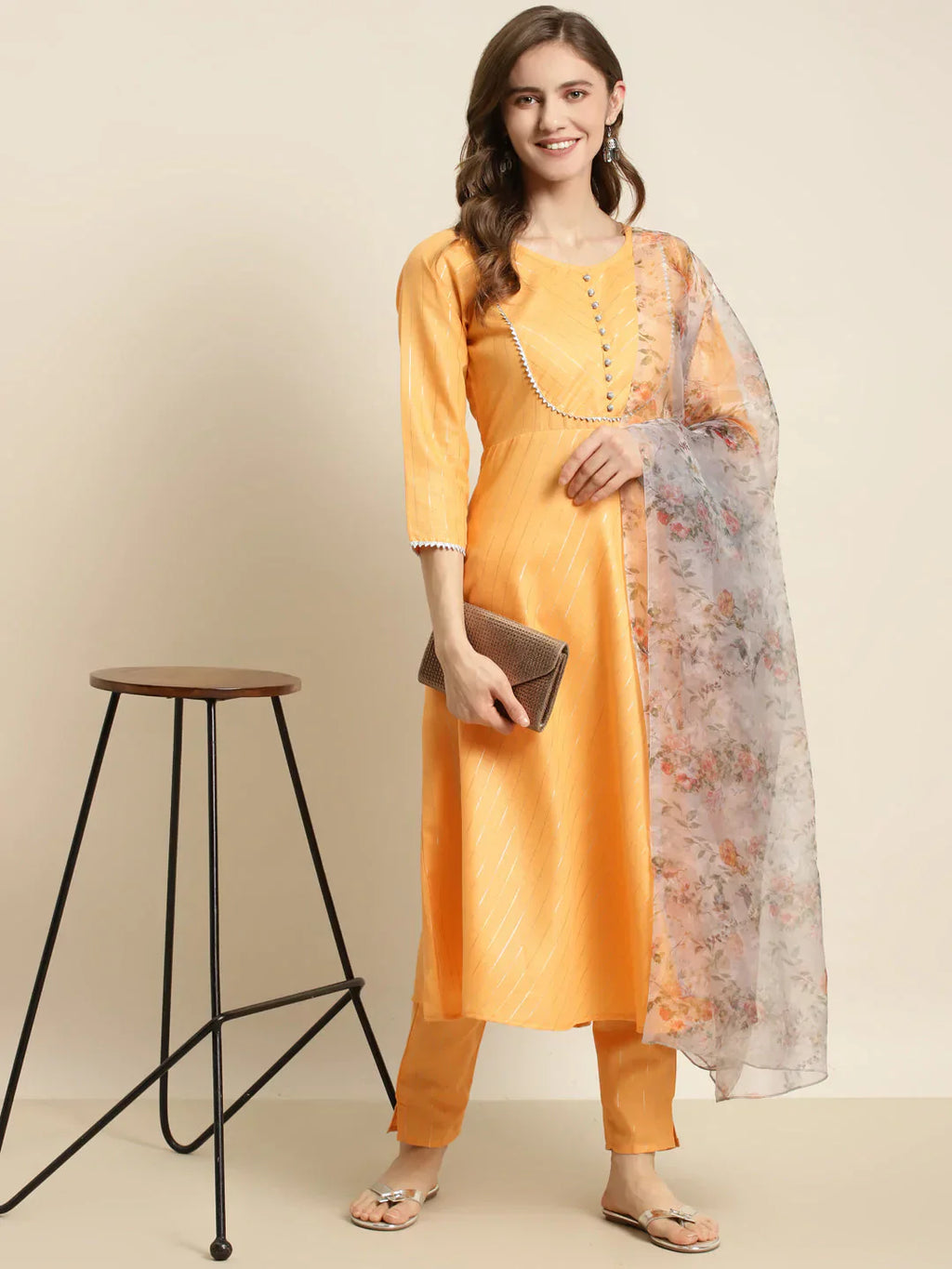 Jompers Women's Gotta Patti Kurta with Trousers & With Dupatta - Orange