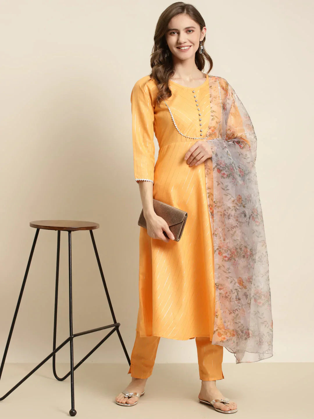 Jompers Women's Gotta Patti Kurta with Trousers & With Dupatta - Orange
