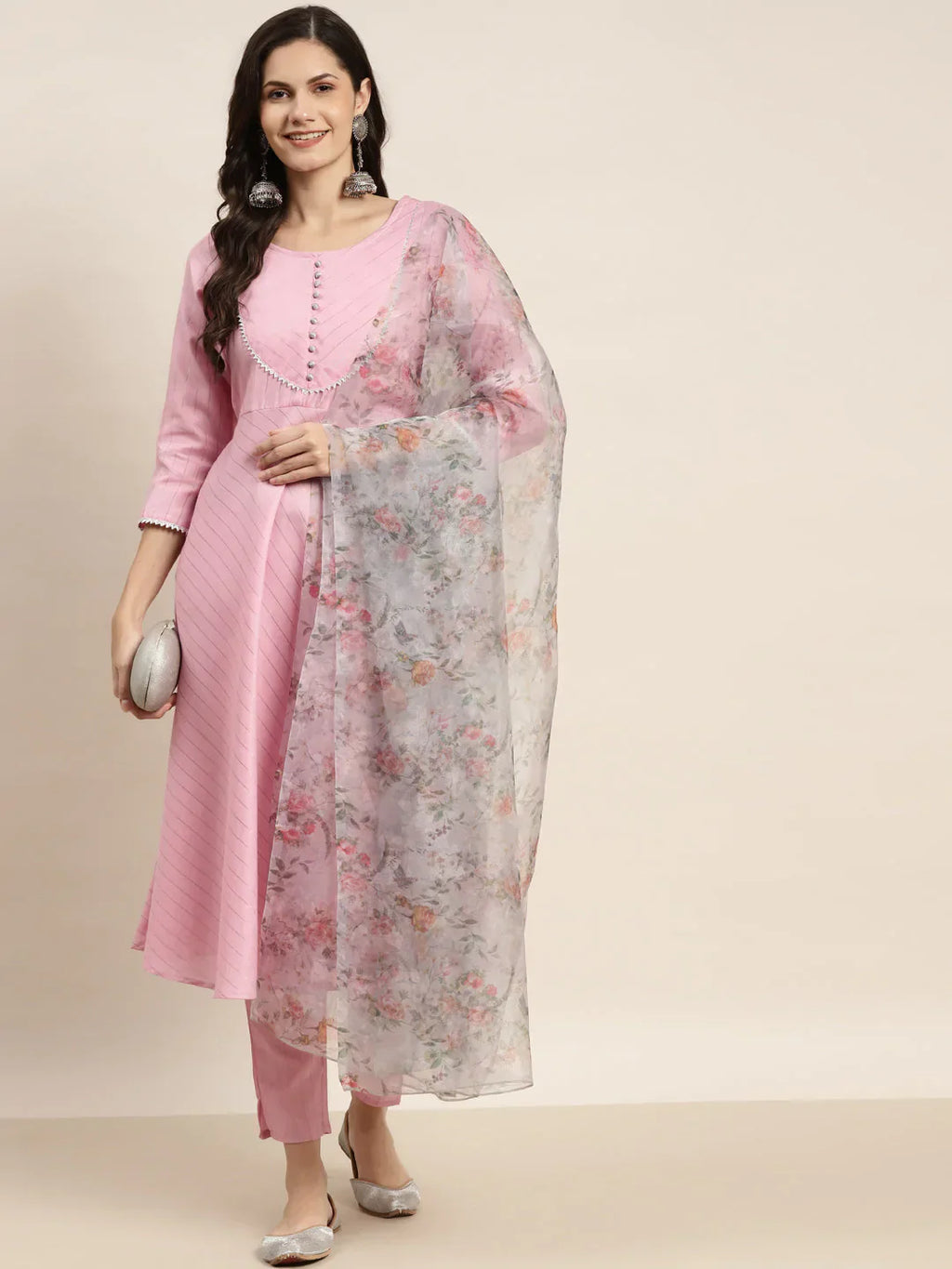 Jompers Women's Gotta Patti Kurta with Trousers & With Dupatta - Pink