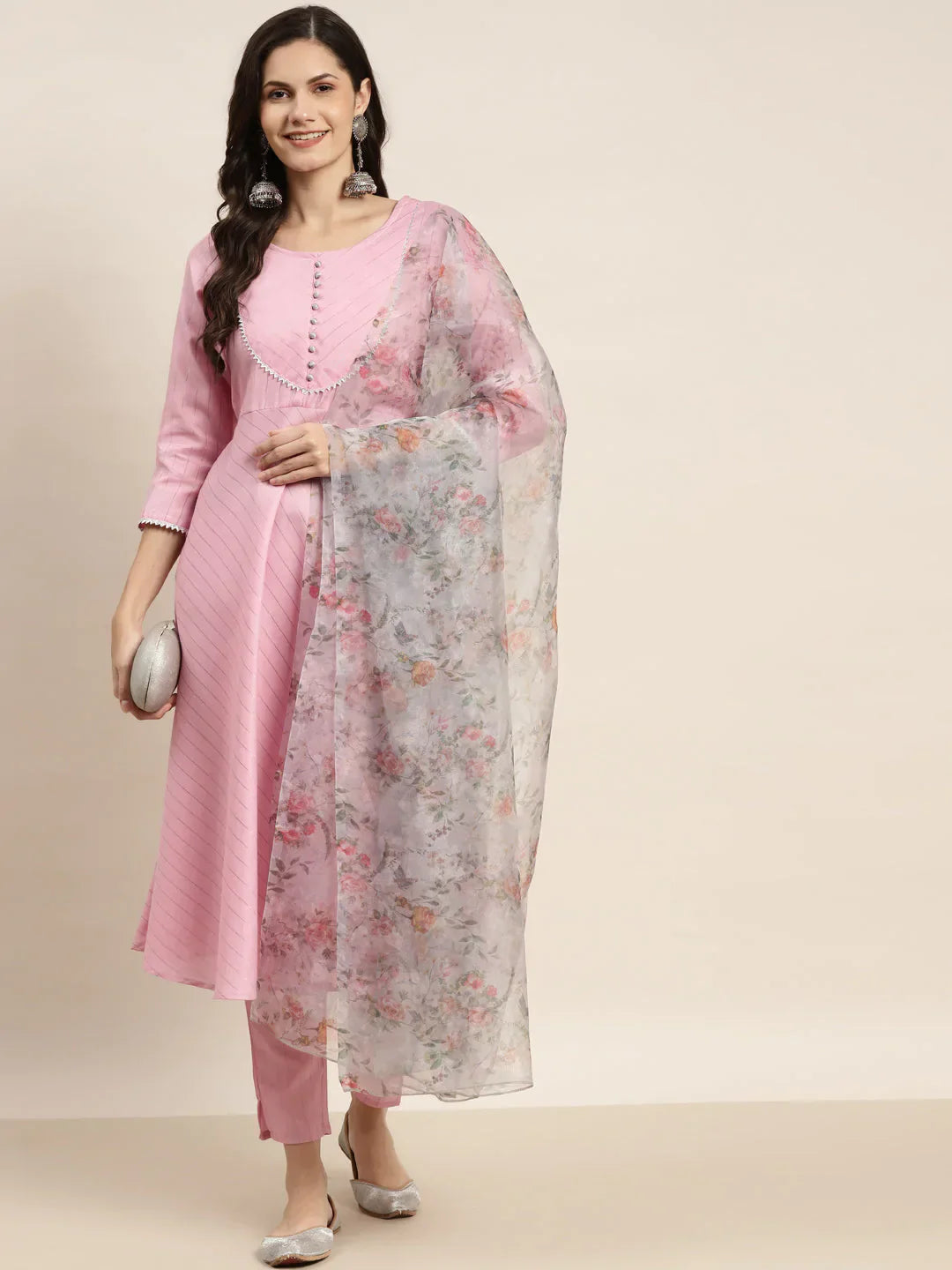 Jompers Women's Gotta Patti Kurta with Trousers & With Dupatta - Pink