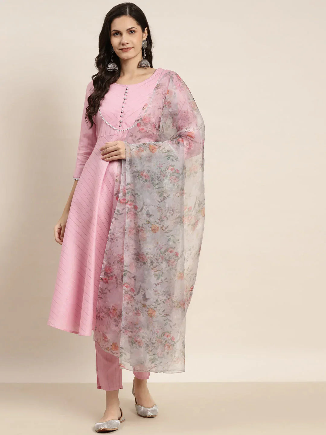Jompers Women's Gotta Patti Kurta with Trousers & With Dupatta - Pink