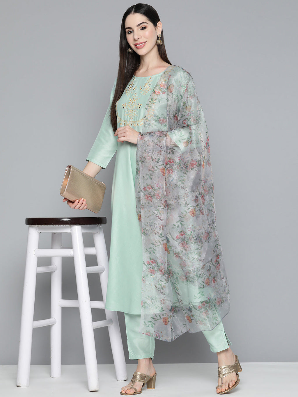 Jompers Women's Green Floral Embroidered Mirror Work Kurta with Trousers & With Dupatta