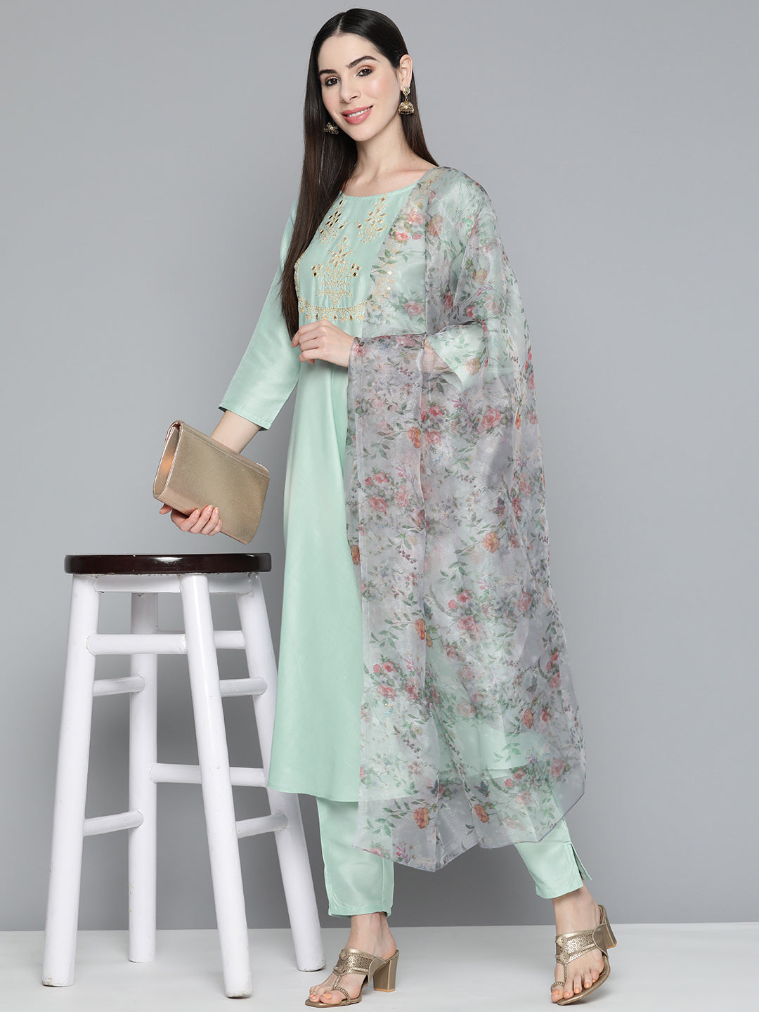 Jompers Women's Green Floral Embroidered Mirror Work Kurta with Trousers & With Dupatta