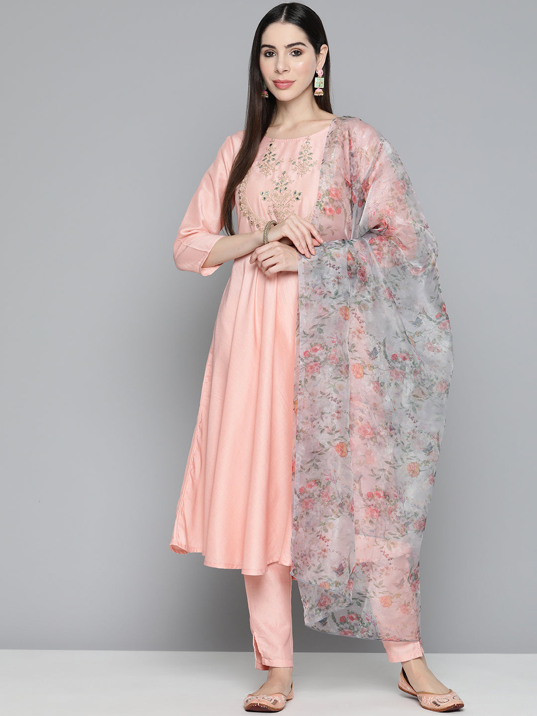 Jompers Women's Peach Floral Embroidered Mirror Work Kurta with Trousers & With Dupatta