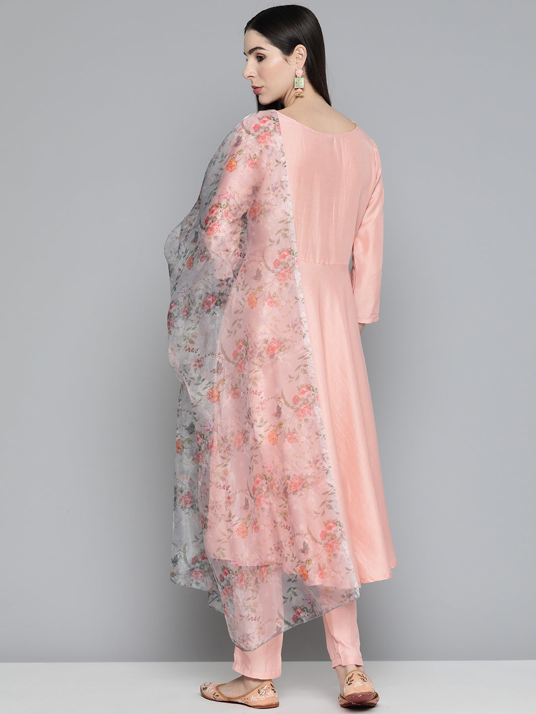 Jompers Women's Peach Floral Embroidered Mirror Work Kurta with Trousers & With Dupatta