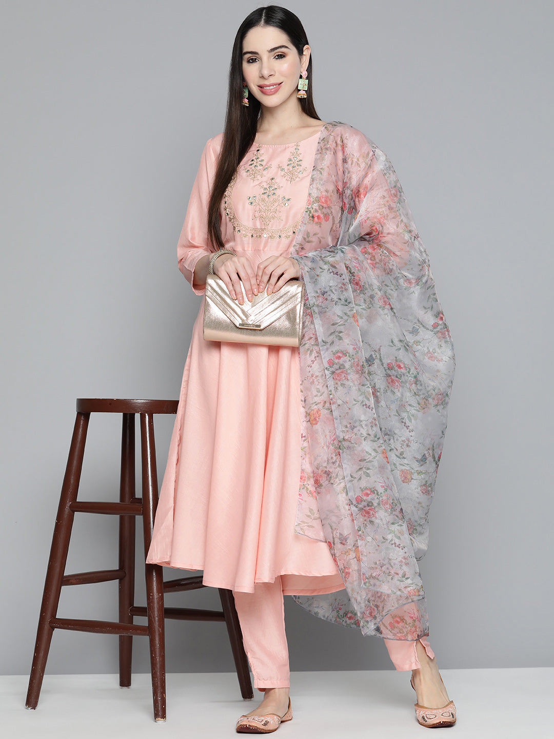 Jompers Women's Peach Floral Embroidered Mirror Work Kurta with Trousers & With Dupatta