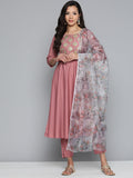 Jompers Women's Pink Floral Embroidered Mirror Work Kurta with Trousers & With Dupatta
