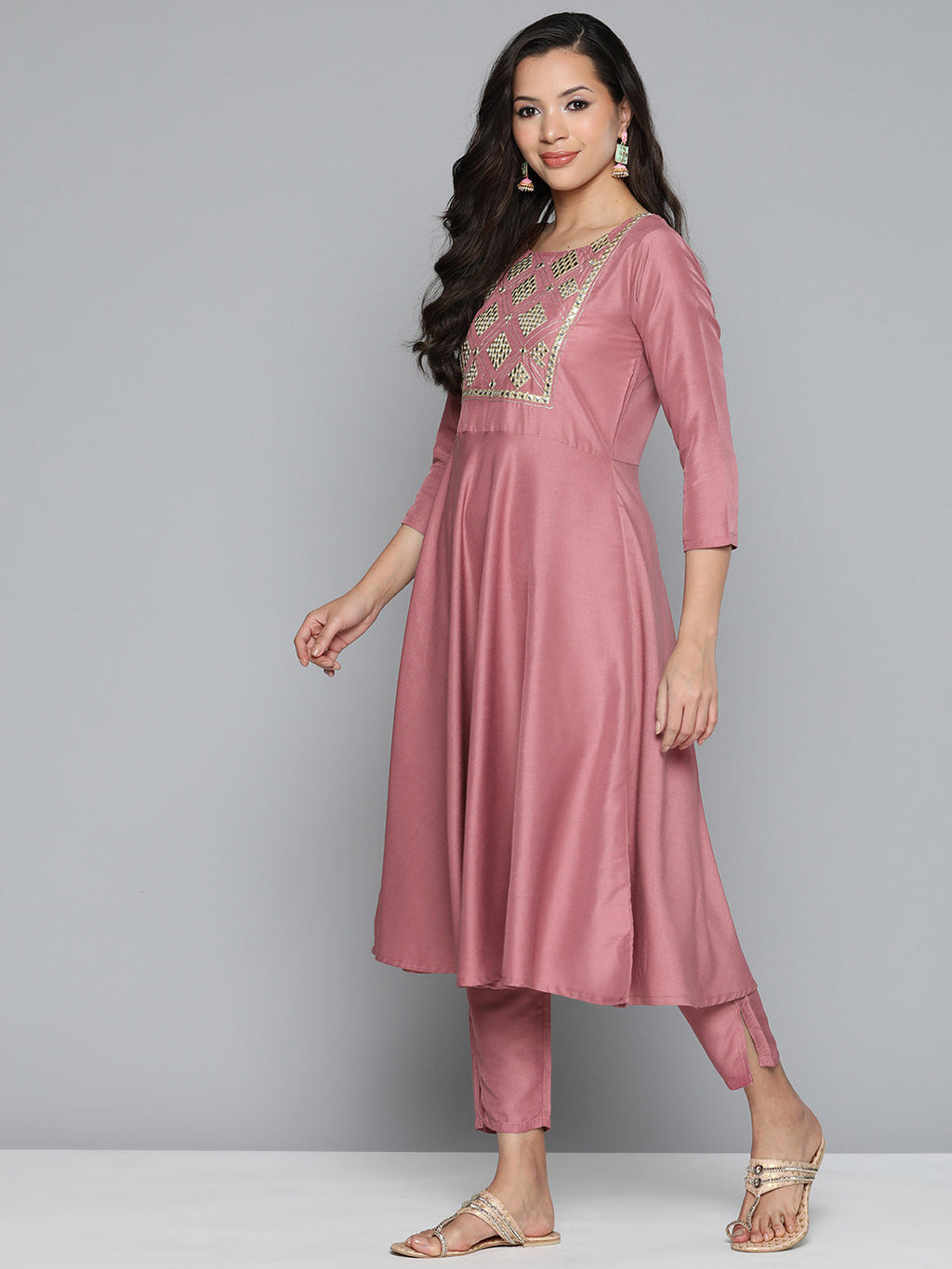 Jompers Women's Pink Floral Embroidered Mirror Work Kurta with Trousers & With Dupatta