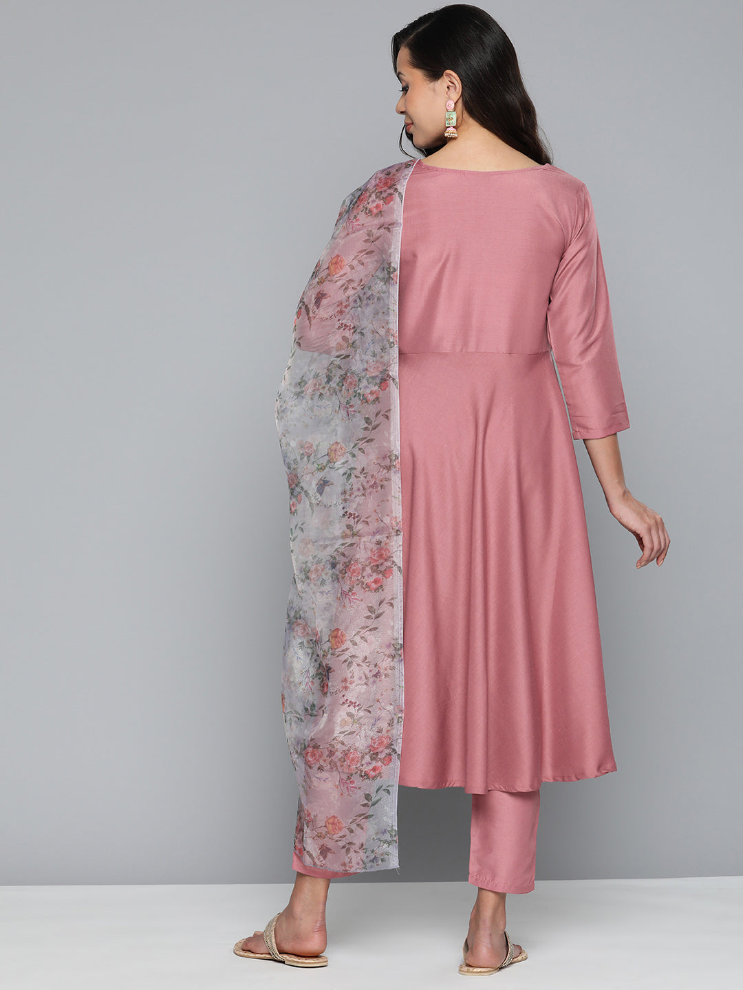 Jompers Women's Pink Floral Embroidered Mirror Work Kurta with Trousers & With Dupatta