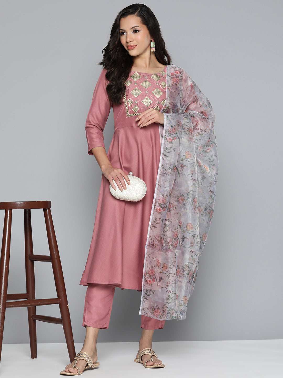 Jompers Women's Pink Floral Embroidered Mirror Work Kurta with Trousers & With Dupatta