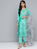 Jompers Women's Floral Embroidered Mirror Work Silk Georgette Kurta With Trousers & Dupatta - Blue