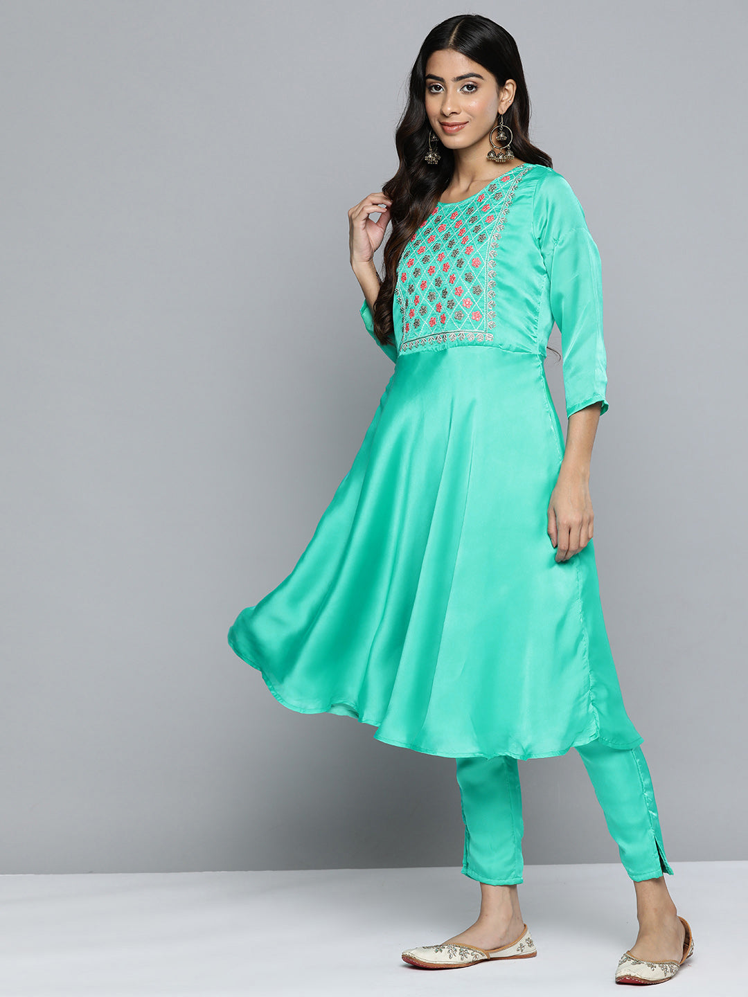 Jompers Women's Floral Embroidered Mirror Work Silk Georgette Kurta With Trousers & Dupatta - Blue