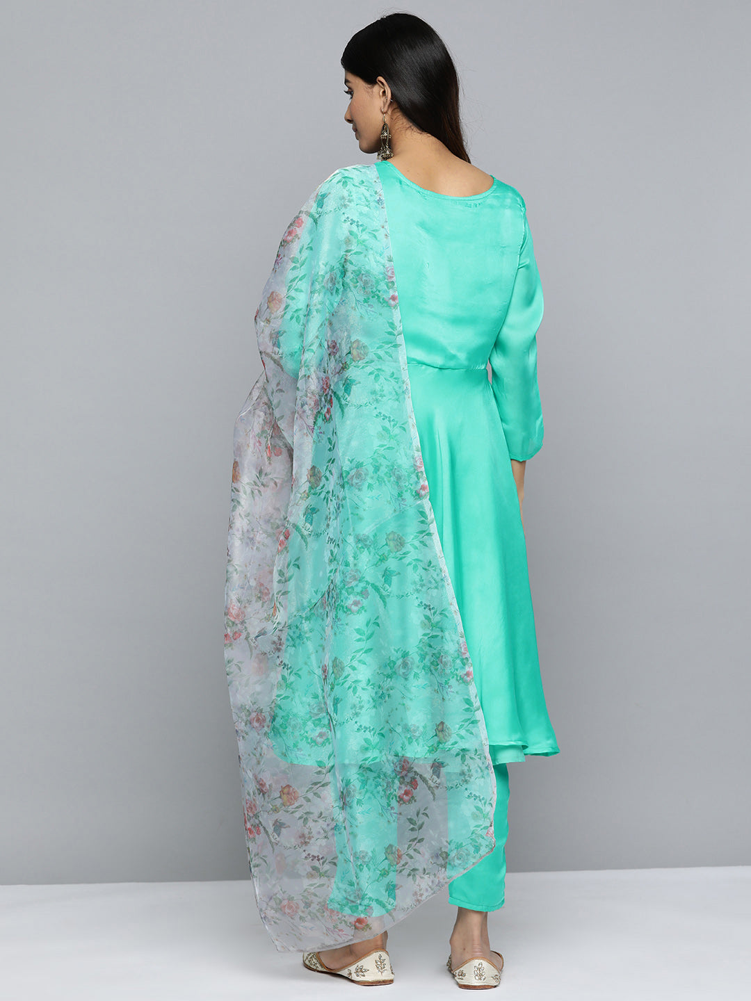 Jompers Women's Floral Embroidered Mirror Work Silk Georgette Kurta With Trousers & Dupatta - Blue