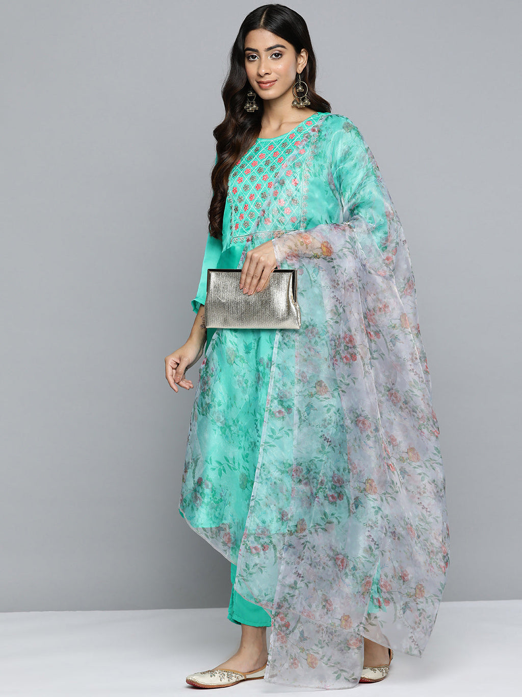 Jompers Women's Floral Embroidered Mirror Work Silk Georgette Kurta With Trousers & Dupatta - Blue