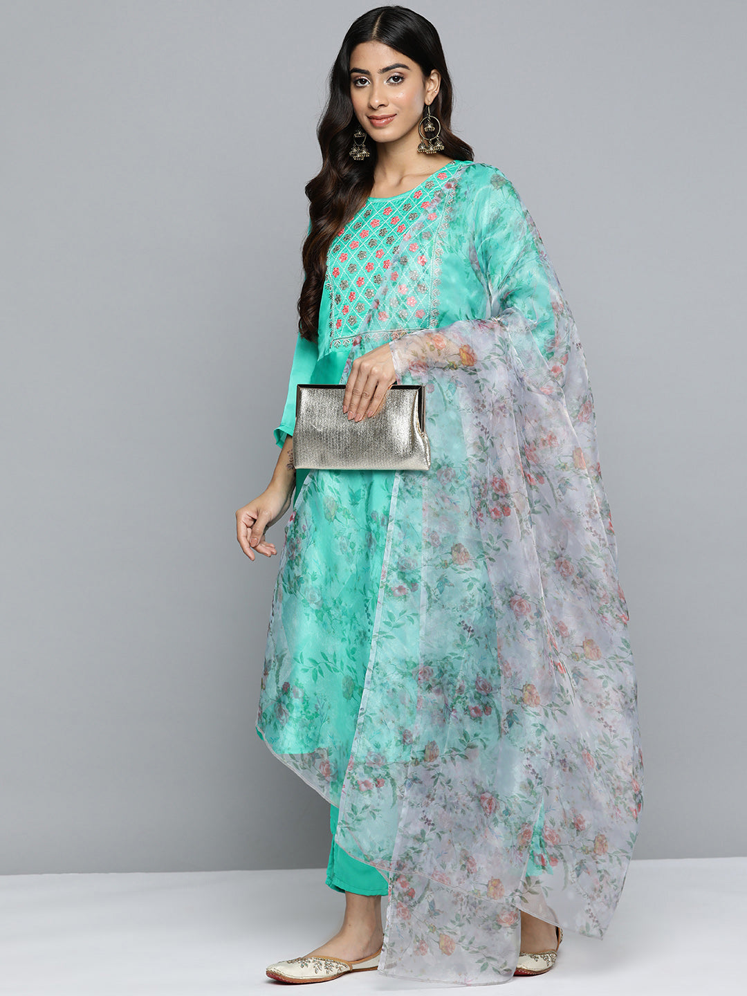 Jompers Women's Floral Embroidered Mirror Work Silk Georgette Kurta With Trousers & Dupatta - Blue