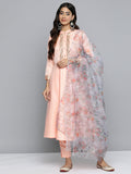 Jompers Women's Embroidered Mirror Work Kurta With Trousers & Dupatta - Peach