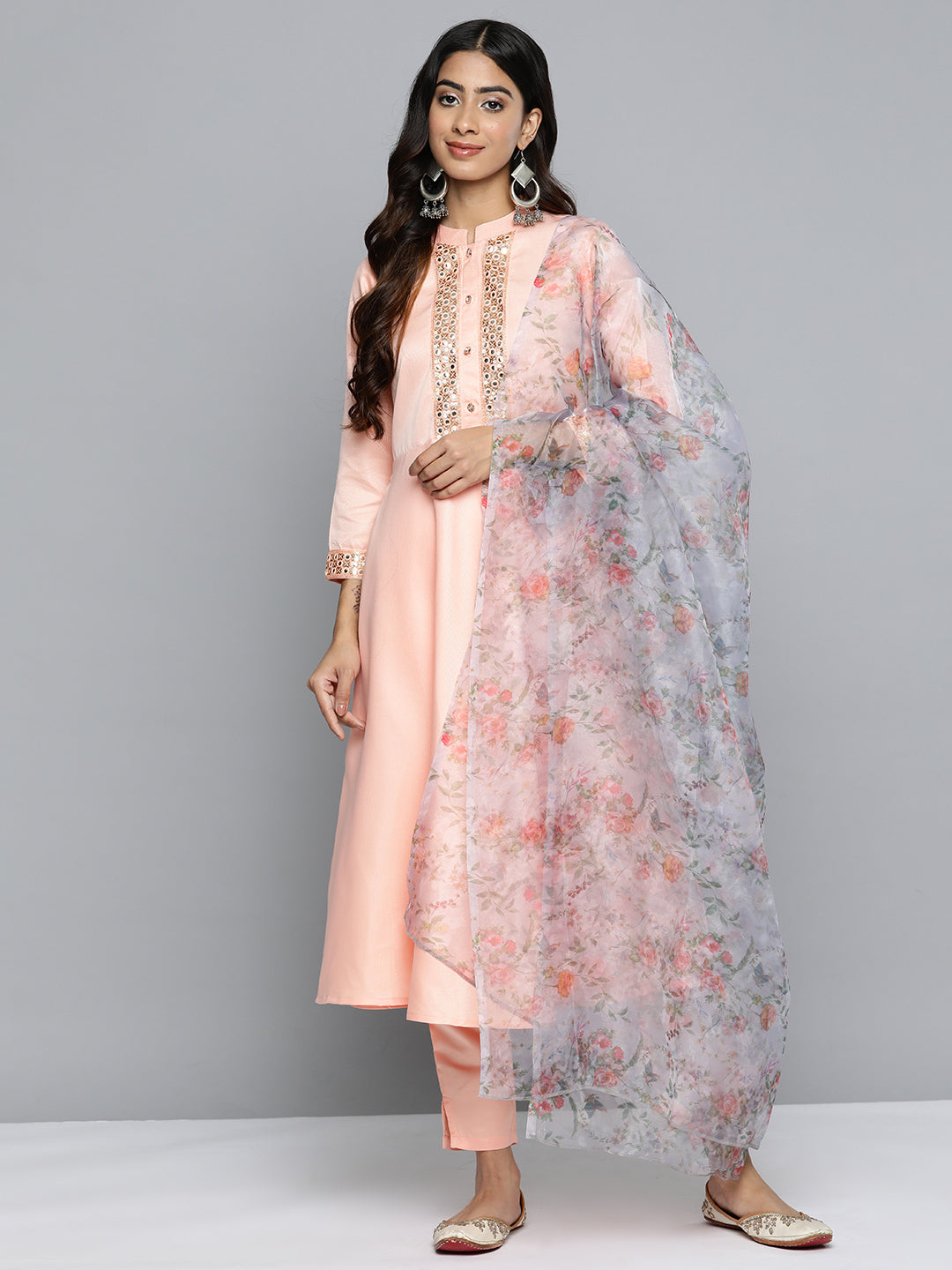 Jompers Women's Embroidered Mirror Work Kurta With Trousers & Dupatta - Peach