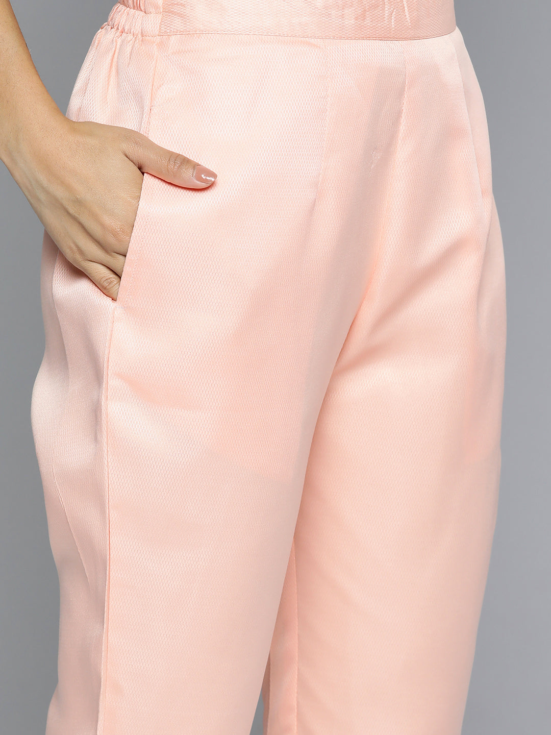 Jompers Women's Embroidered Mirror Work Kurta With Trousers & Dupatta - Peach