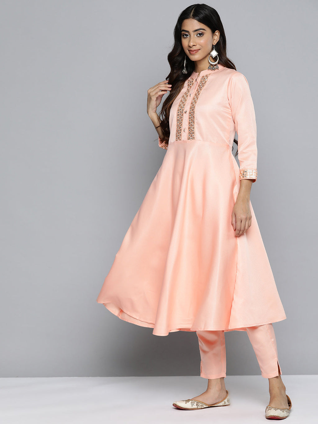 Jompers Women's Embroidered Mirror Work Kurta With Trousers & Dupatta - Peach