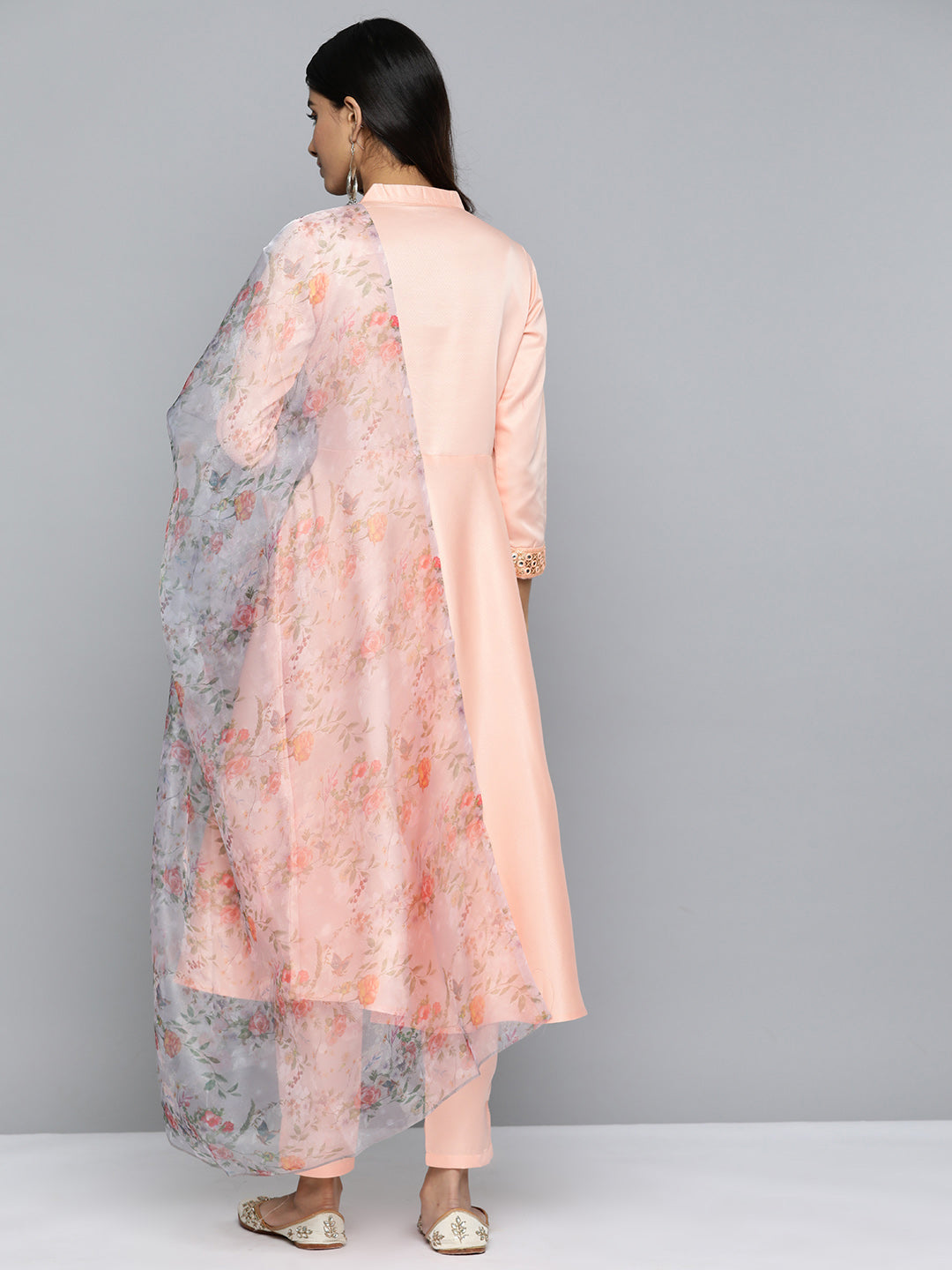 Jompers Women's Embroidered Mirror Work Kurta With Trousers & Dupatta - Peach