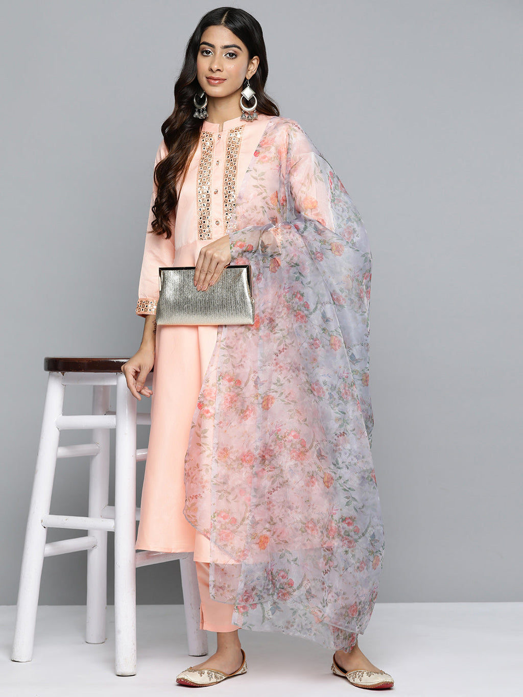 Jompers Women's Embroidered Mirror Work Kurta With Trousers & Dupatta - Peach