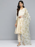 Jompers Women's Floral Embroidered Mirror Work Silk Georgette Kurta With Trousers & Dupatta - Beige