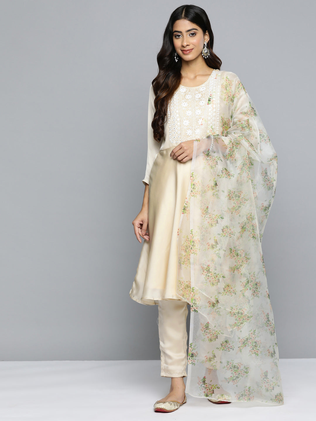 Jompers Women's Floral Embroidered Mirror Work Silk Georgette Kurta With Trousers & Dupatta - Beige