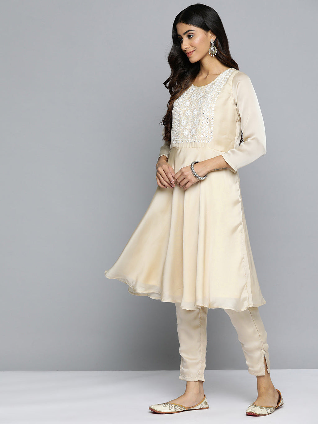 Jompers Women's Floral Embroidered Mirror Work Silk Georgette Kurta With Trousers & Dupatta - Beige