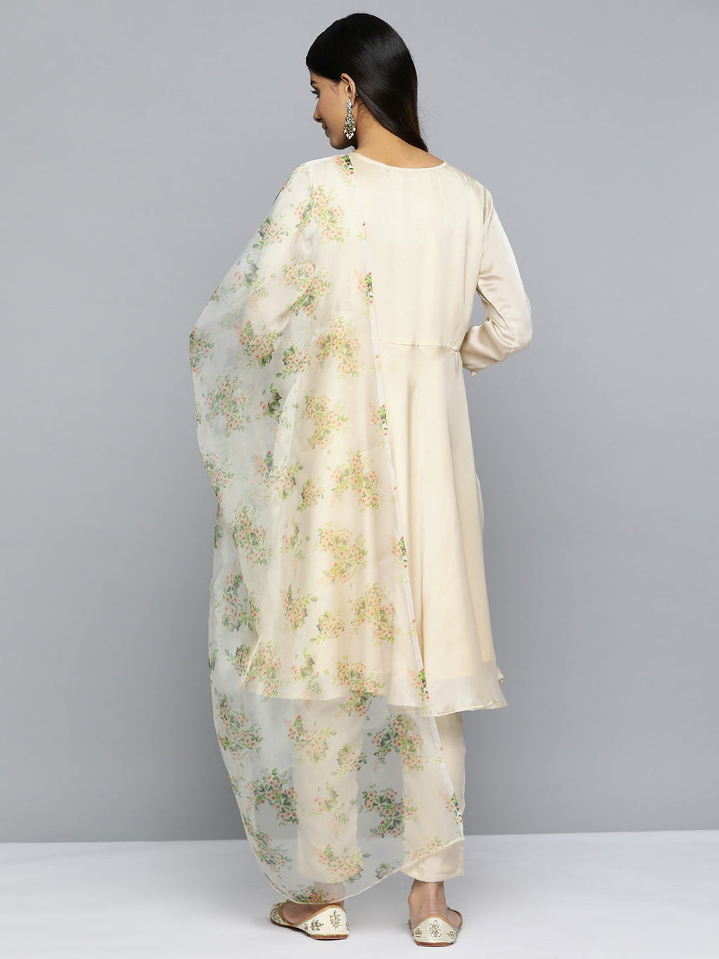 Jompers Women's Floral Embroidered Mirror Work Silk Georgette Kurta With Trousers & Dupatta - Beige