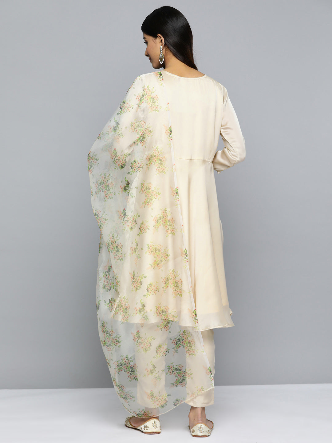 Jompers Women's Floral Embroidered Mirror Work Silk Georgette Kurta With Trousers & Dupatta - Beige