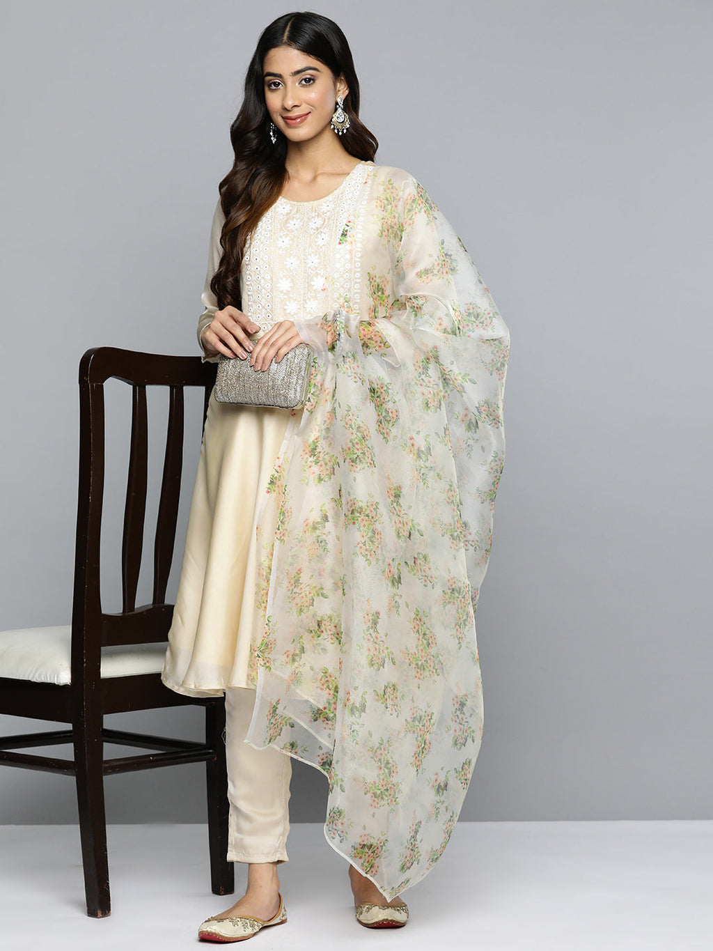 Jompers Women's Floral Embroidered Mirror Work Silk Georgette Kurta With Trousers & Dupatta - Beige