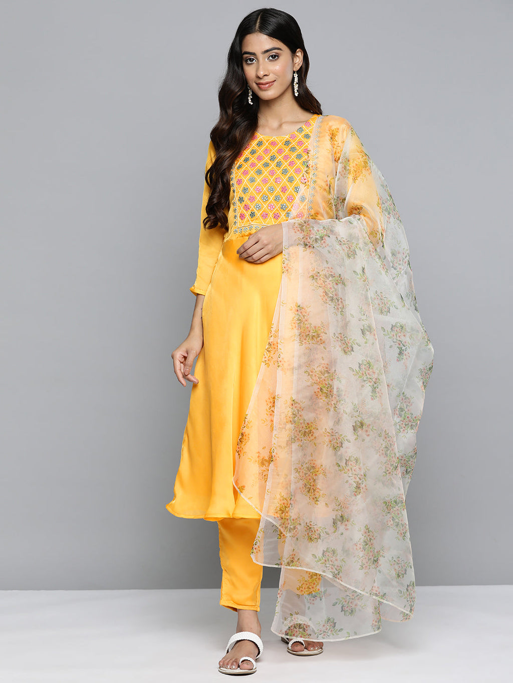 Jompers Women's Floral Embroidered Mirror Work Silk Georgette Kurta With Trousers & Dupatta - Yellow