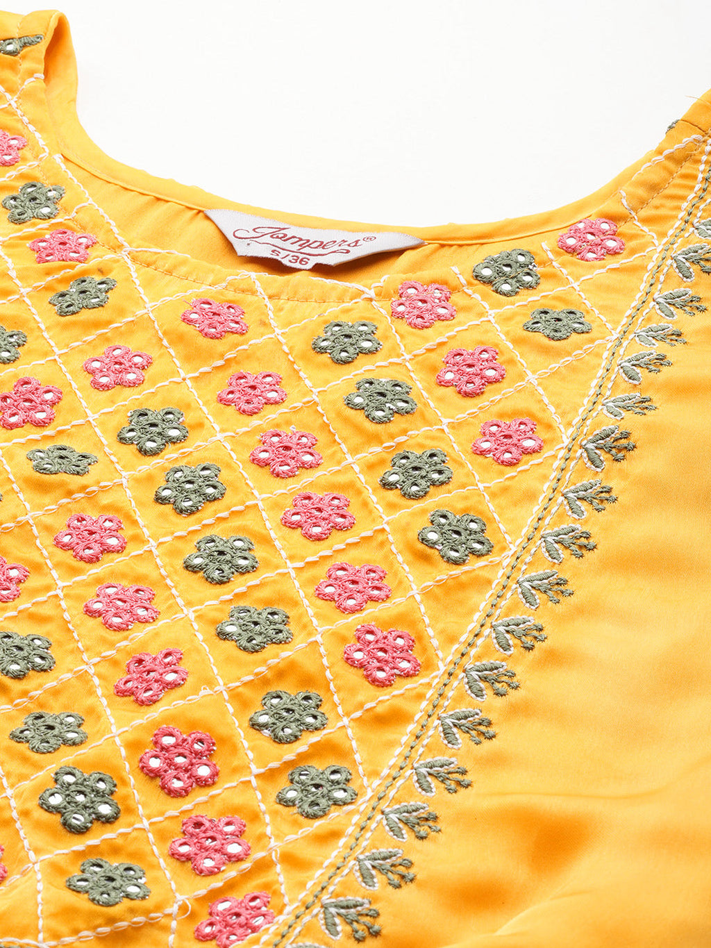 Jompers Women's Floral Embroidered Mirror Work Silk Georgette Kurta With Trousers & Dupatta - Yellow