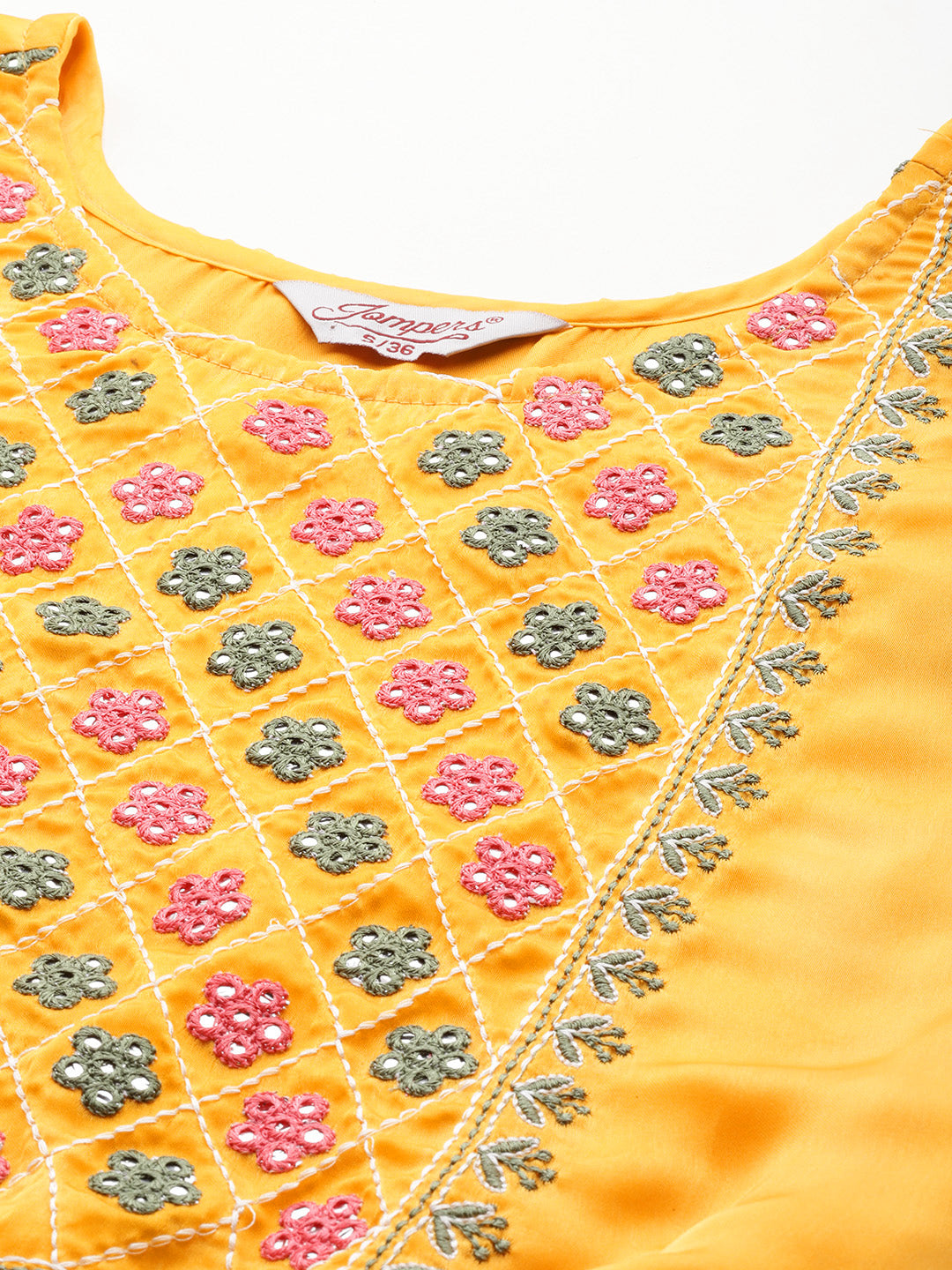 Jompers Women's Floral Embroidered Mirror Work Silk Georgette Kurta With Trousers & Dupatta - Yellow