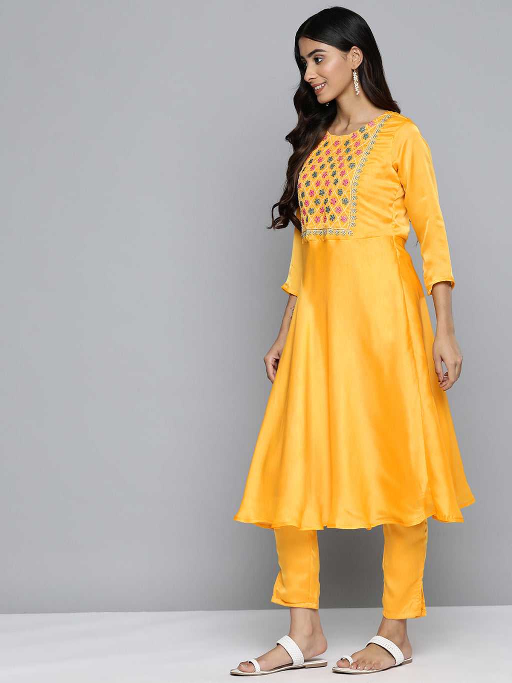 Jompers Women's Floral Embroidered Mirror Work Silk Georgette Kurta With Trousers & Dupatta - Yellow