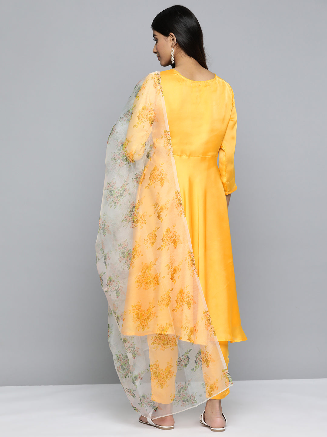 Jompers Women's Floral Embroidered Mirror Work Silk Georgette Kurta With Trousers & Dupatta - Yellow