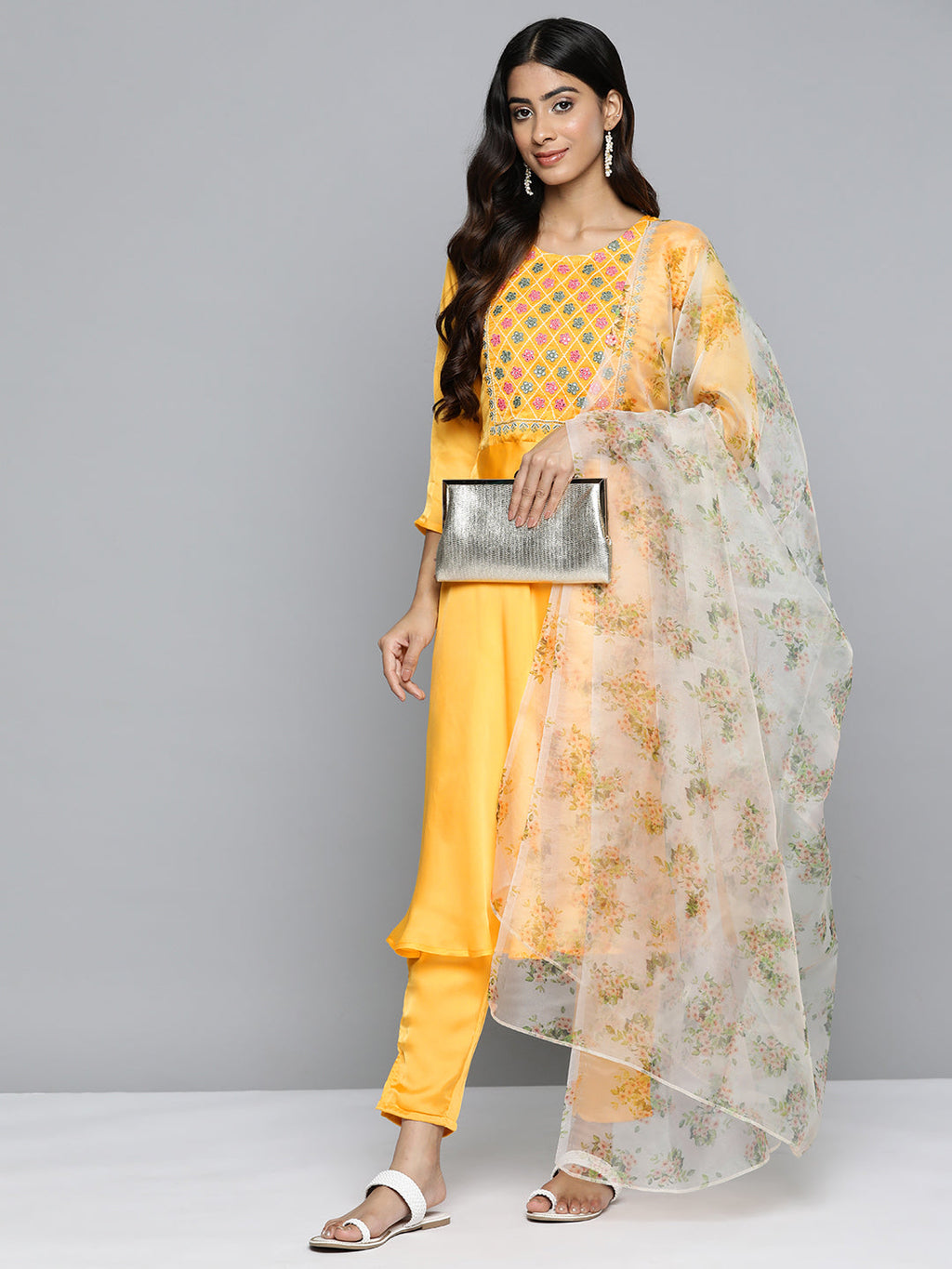 Jompers Women's Floral Embroidered Mirror Work Silk Georgette Kurta With Trousers & Dupatta - Yellow