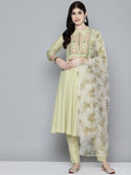 Jompers Women's Embroidered falred kurta, printed dupatta with pants - Lime