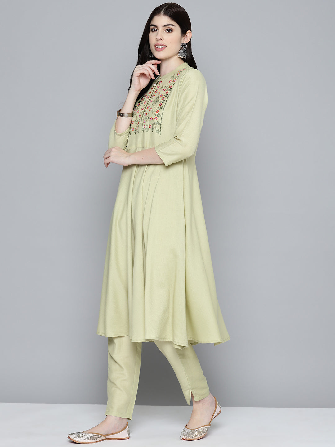 Jompers Women's Embroidered falred kurta, printed dupatta with pants - Lime