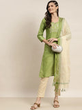 Jompers Women's Yoke Design Cotton Silk Kurta with Trousers & Dupatta - Green