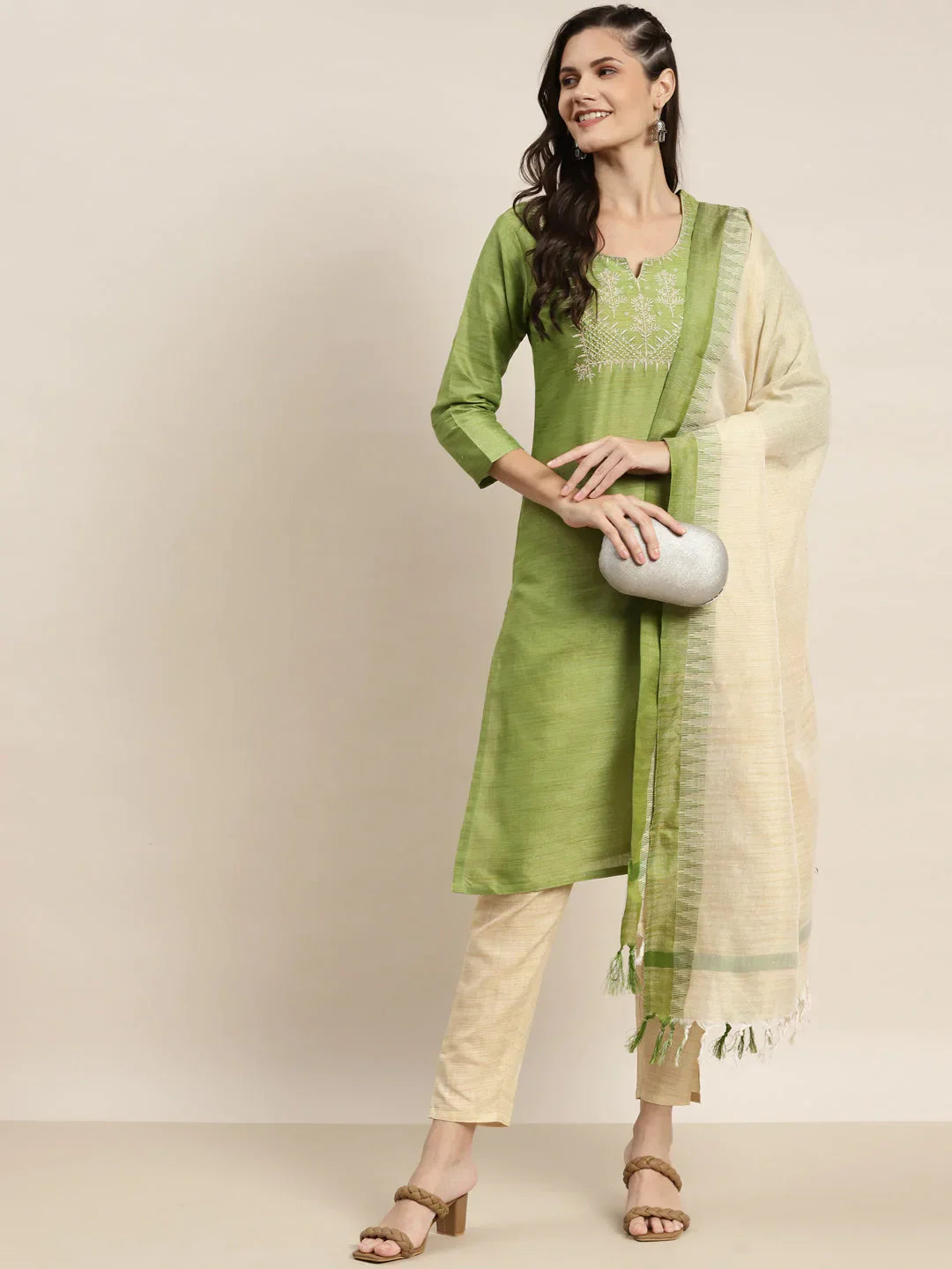 Jompers Women's Yoke Design Cotton Silk Kurta with Trousers & Dupatta - Green