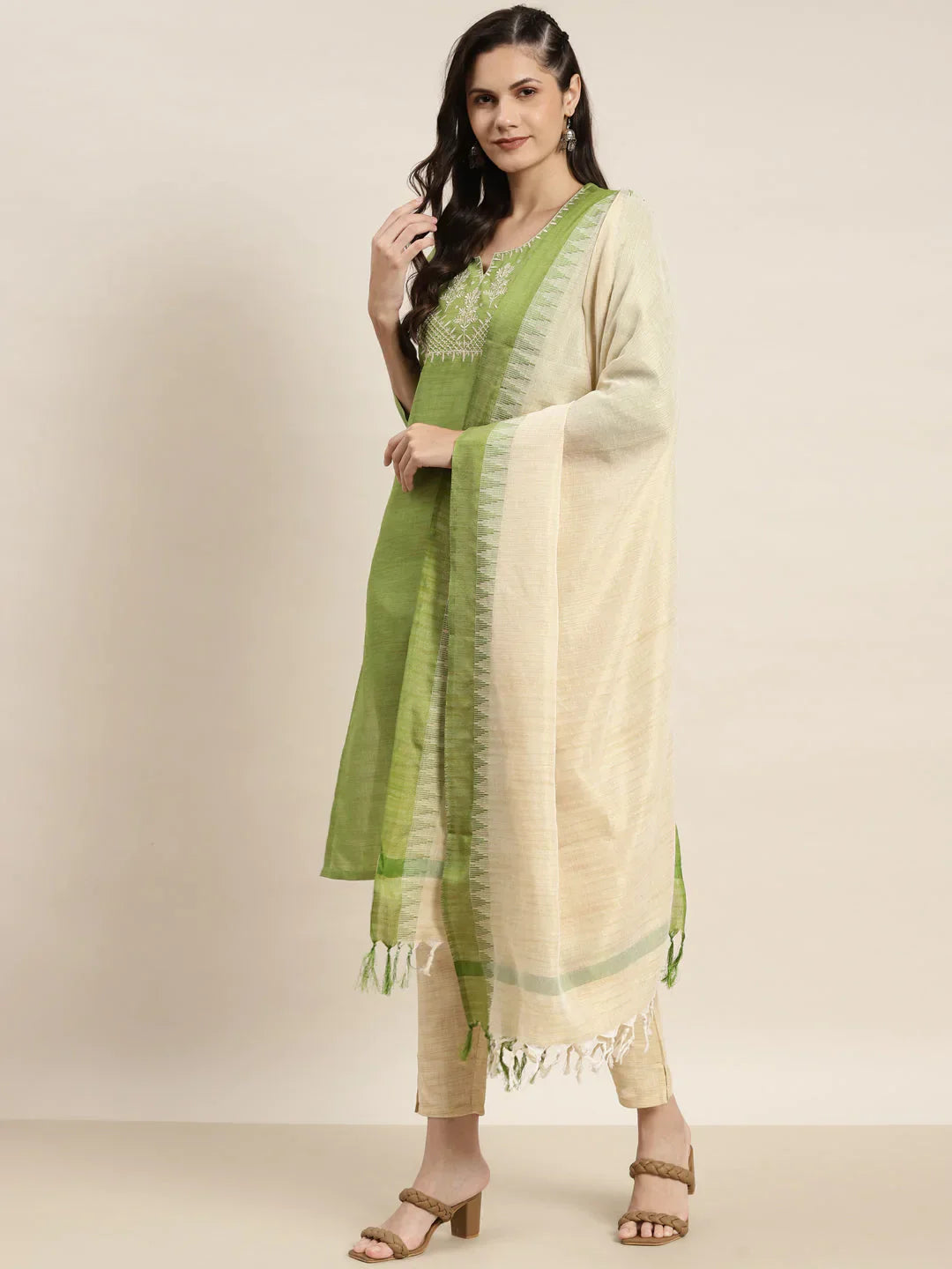 Jompers Women's Yoke Design Cotton Silk Kurta with Trousers & Dupatta - Green