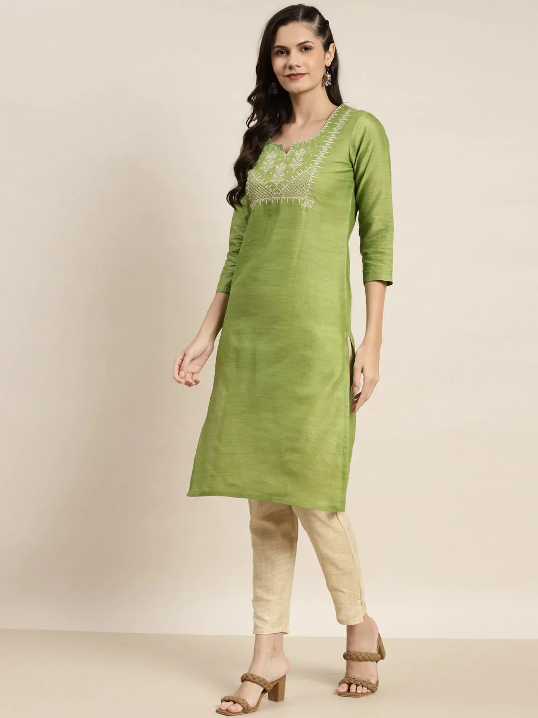Jompers Women's Yoke Design Cotton Silk Kurta with Trousers & Dupatta - Green