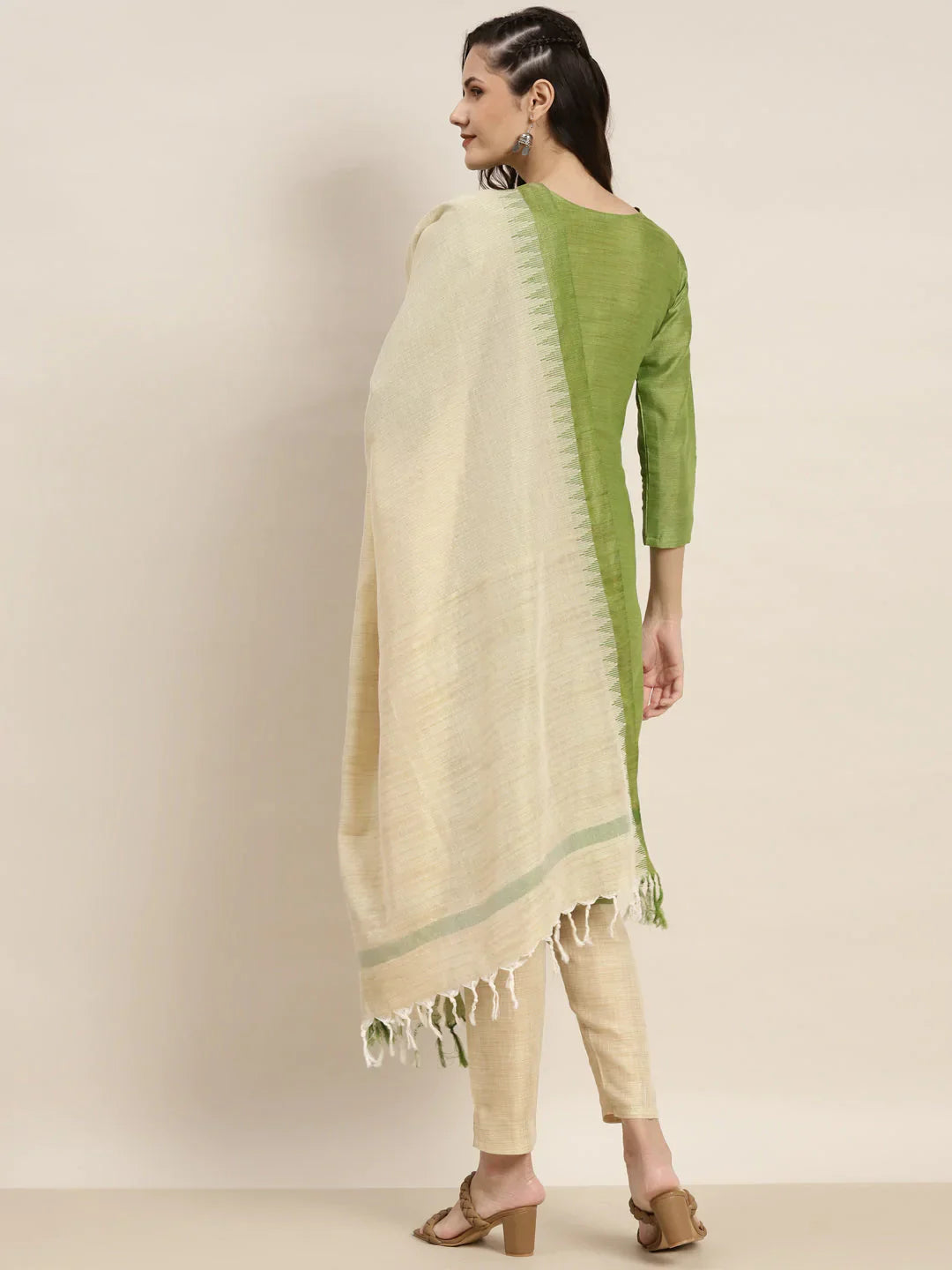 Jompers Women's Yoke Design Cotton Silk Kurta with Trousers & Dupatta - Green
