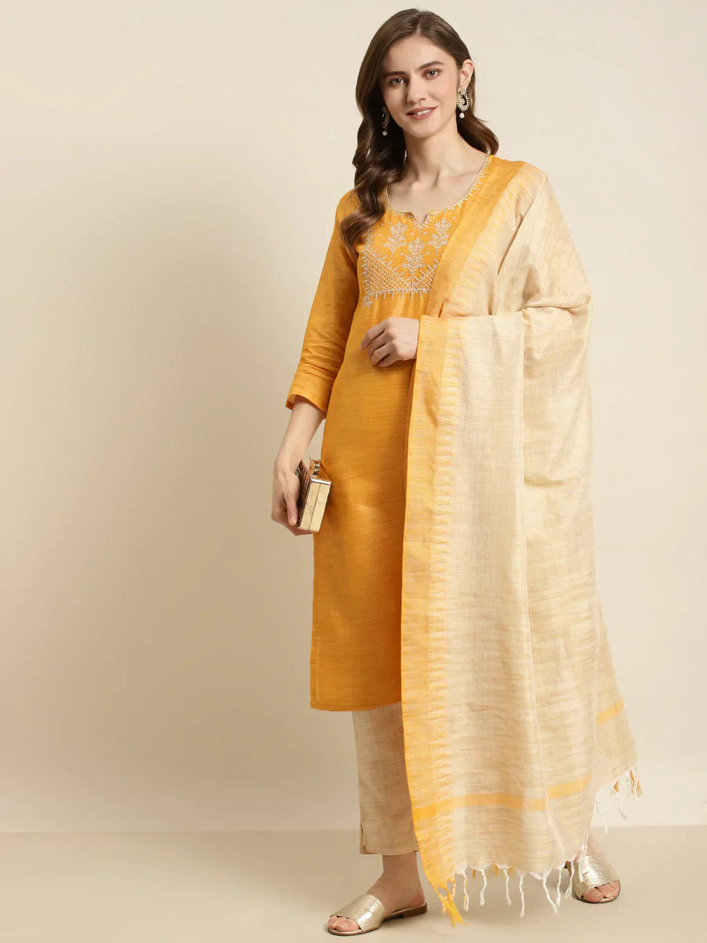 Jompers Women's Yoke Design Cotton Silk Kurta with Trousers & Dupatta - Yellow